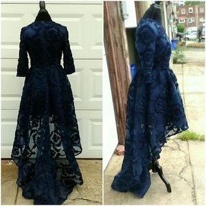 Navy Blue Lace Vintage High Low Dress